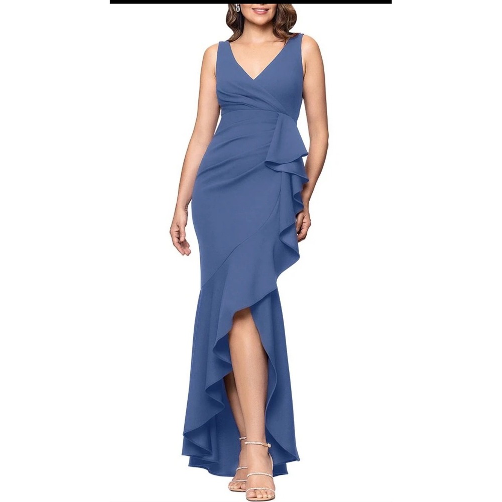 Betsy & Adam Blue Ruffle Faux Wrap High Low Evening Gown V-Neck Formal Dress 14W